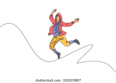 One continuous line drawing of young sporty break dancer man show hip hop jumping dance style in the street. Urban lifestyle sport concept. Dynamic single line draw design vector graphic illustration
