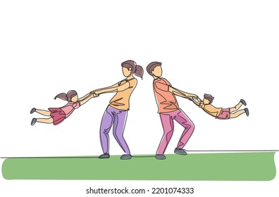 One continuous line drawing of young mom and dad play together with daughter and son swinging into the air at home. Happy family parenting concept. Dynamic single line draw design vector illustration