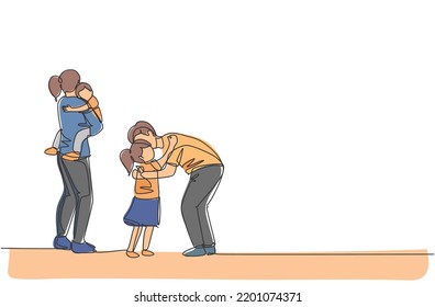 One continuous line drawing of young father hugging his daughter before go to the office while mother carrying son at home. Happy family parenting concept. Single line draw design vector illustration