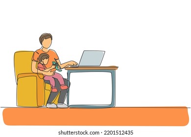 One continuous line drawing young father siting on sofa and holding his son while typing on laptop, work from home. Happy family parenthood concept. Single line draw design graphic vector illustration