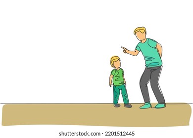 One continuous line drawing of young father giving talk some good advice to his son at home. Communication concept. Happy family parenthood. Dynamic single line draw graphic design vector illustration