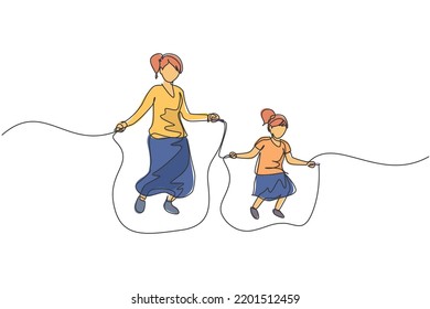 One continuous line drawing of young mom and her daughter exercise jumping with skipping rope at park near home. Happy family parenting concept. Dynamic single line draw design vector illustration
