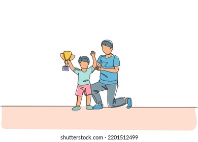 One Continuous Line Drawing Young Dad Congratulate His Son Who Win First Place Trophy At Study Competition. Happy Family Parenthood Concept. Dynamic Single Line Draw Graphic Design Vector Illustration