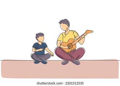 One continuous line drawing of young dad playing guitar and happy singing together with his son at home. Happy family parenthood concept. Dynamic single line draw design vector graphic illustration