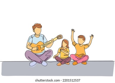 One continuous line drawing of young cheerful father playing guitar and singing together with kids at home. Happy family parenthood concept. Dynamic single line draw design vector illustration