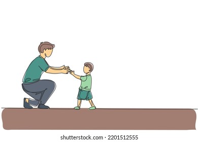 One continuous line drawing young father ready to hug daughter who learned to walk towards him at home  Happy family parenthood concept  Dynamic single line draw design graphic vector illustration