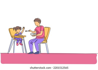 One continuous line drawing of young father feeding his daughter a meal who sit at baby dining chair. Happy family parenthood concept. Dynamic single line draw design vector illustration graphic