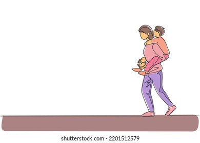 One continuous line drawing of young mother walking while carrying her sleepy tired son on back go to the bed room. Happy family parenthood concept. Dynamic single line draw design vector illustration