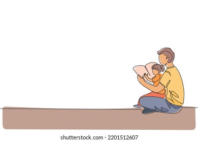 One continuous line drawing of young dad sitting on floor and reading story book to his daughter at home. Happy family parenthood concept. Dynamic single line graphic draw design vector illustration