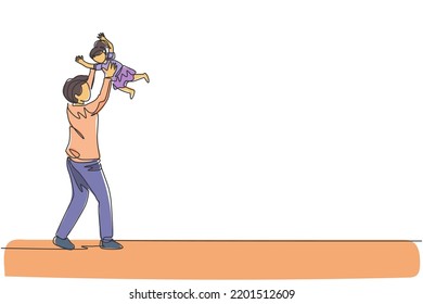 One continuous line drawing of young father playing raise his daughter up into the sky at home. Happy family parenthood concept. Dynamic single line draw design graphic vector illustration