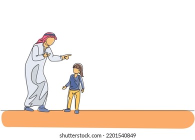 One continuous line drawing of young Arabian father give talk and wise advice to his daughter. Happy Islamic muslim loving parenting family concept. Dynamic single line draw design vector illustration