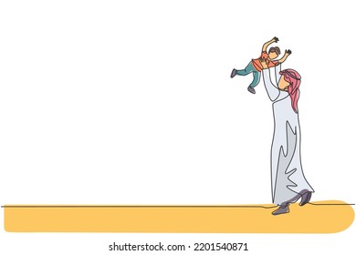 One continuous line drawing of young Islamic father playing and lifting his son up into the air. Happy Arabian loving parenting family concept. Dynamic single line draw design vector illustration