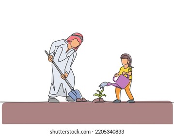 One continuous line drawing of young Islamic daughter help her father plant a seed at house backyard. Happy Arabian muslim parenting family concept. Dynamic single line draw design vector illustration
