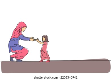 One continuous line drawing of young Islamic toddler daughter learn to walk while mom ready to catch. Happy Arabian muslim parenting family concept. Dynamic single line draw design vector illustration