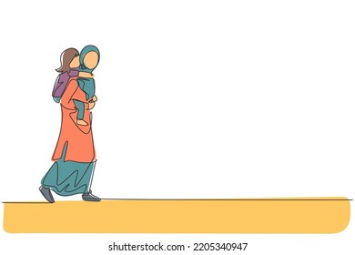 One continuous line drawing of young Arabian mom carrying daughter on her back at park, piggyback. Happy Islamic muslim parenting family concept. Dynamic single line draw design vector illustration