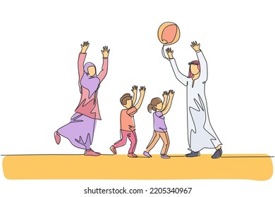 One continuous line drawing of young Arabian couple playing throwing ball together with daughter and son. Happy Islamic muslim parenting family concept. Single line draw design vector illustration