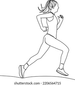 One continuous line drawing of young female athlete runner focus sprint run. Individual sport, competitive concept. Dynamic single line hand drawn vector illustration for running poster