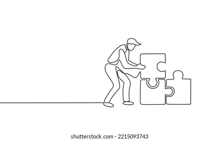 One continuous line drawing of young businessman push puzzle pieces to unite them as sign to start business collaboration. Modern unity teamwork concept single line draw design vector illustration