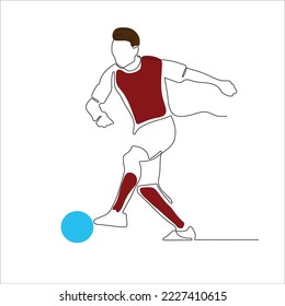 One continuous line drawing of young energetic 
football player dribbling and controlling the 
ball at the game. Soccer match sports concept. 
Single line draw design vector illustration