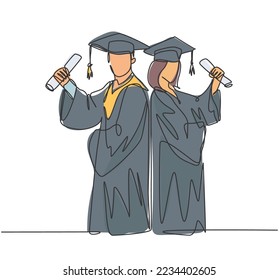 One continuous line drawing of young happy couple graduate college student hold paper and celebrate their graduation from university. Education concept. Single line draw design vector illustration