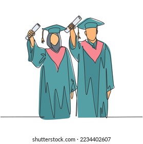 One continuous line drawing of young happy couple college student proud to show their graduation letter to celebrate their graduate. Education concept single line draw design vector illustration