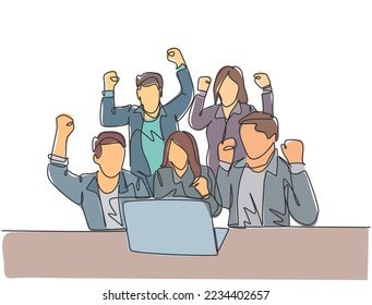 One continuous line drawing of young happy business man and business woman sitting in front of laptop and celebrating their success. Team work goal concept single line draw design vector illustration