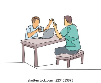 One continuous line drawing of young happy manager drink a cup of coffee and discussing business project. Working together on co working space concept single line draw design vector illustration