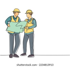 One continuous line drawing of young architect explaining building design blueprint to contractor. Construction business planning concept. Modern single line draw graphic design vector illustration