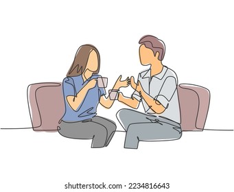 One continuous line drawing of young male and female worker chatting together while drink a cup of coffee during office break. Rest break at work concept single line draw design vector illustration