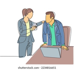One continuous line drawing of young male and female employees engage in exciting conversations during office breaks. Rest break at work concept single line draw design vector graphic illustration