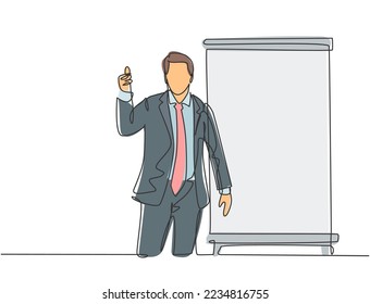 Un dibujo de línea continua de un joven presentador que da gestos de aprobación al público mientras se reúne. Presentación empresarial en el concepto de oficina ilustración de un solo dibujo de línea de ilustración vectorial