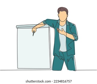 One continuous line drawing of young startup CEO present new golden rules of company at team meeting. Workshop presentation at the office concept single line draw design graphic vector illustration