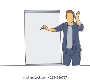 One continuous line drawing of young presenter pointing finger on audience who want to ask while doing presentation. Workshop presentation concept single line draw design graphic vector illustration