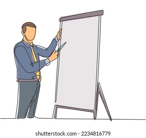 One continuous line drawing of young manager writing business success formula on flip chart and share it to audience. Business training concept single line draw design vector illustration