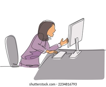 One continuous line drawing of young frustrated businesswoman yelling at computer monitor while she was sitting on work chair. Business problem concept single line draw design vector illustration