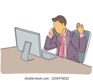 One continuous line drawing of young male employee get call from his manager and asking to explain sales dropped. Sales decrease problem concept single line draw design graphic vector illustration