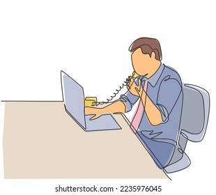 One continuous line drawing of young programmer take a phone call using analog phone to ask coding language to his friend at the office. Programming concept single line draw design vector illustration