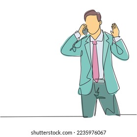 One continuous line drawing of young manager calling his staff using smartphone to ask finalizing company annual report. Business call concept. Single line draw design graphic vector illustration