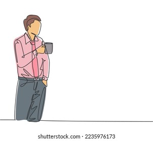 One continuous line drawing of young male worker standing and thinking his work while holding a cup of coffee during office break. Rest break at office concept single line draw design illustration