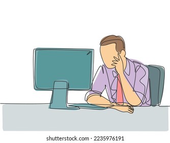 One continuous line drawing of young business manager sitting on his desk in front of laptop and thinking strategy to grow the corporate. Company growth concept single line draw design illustration