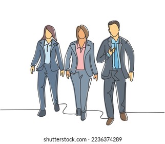 One continuous line drawing of young male and female employees talking and walking together on the street to go to city subway. Urban commuters concept single line draw design vector illustration