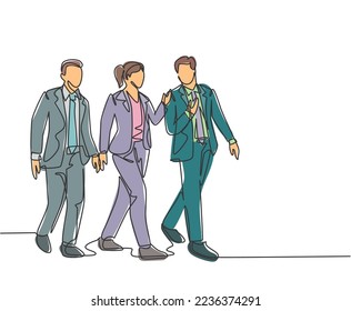 One continuous line drawing of young male and female managers talking and walking together on office lobby to go to canteen . Urban commuter workers concept single line draw design vector illustration