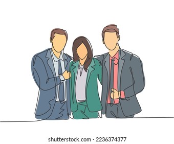 One continuous line drawing of young happy male and female manager standing together and hugging each other to show their unity bonding. Friendship concept single line draw design vector illustration