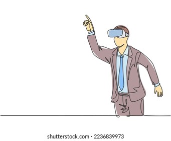 One continuous line drawing of young happy businessman pretending to touch button while wearing virtual reality helmet. Modern futuristic video game concept single line draw design vector illustration