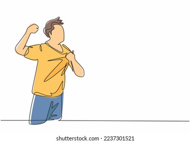 One continuous line drawing of young soccer player grabbing his badge club on jersey and punching fist to the sky. Match goal scoring celebration concept single line draw design vector illustration