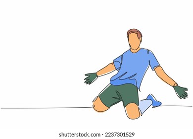 One continuous line drawing of young sporty soccer player spreading his arms and sliding over the field. Match goal scoring celebration concept single line draw design vector illustration