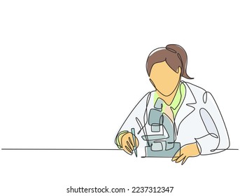 One continuous line drawing of young female scientist examine the virus that causes covid with laboratory microscope. Coronavirus vaccine research concept single line draw design vector illustration