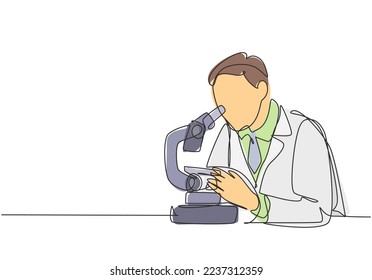 Un dibujo continuo de un joven científico masculino analiza el virus de la corona causa la enfermedad de covid-19 utilizando microscopio de laboratorio. Concepto de investigación médica Coronavirus dibujo de línea única ilustración de diseño