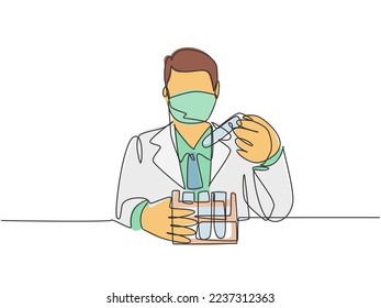 One continuous line drawing of young male laboratorian test blood sample from glass tube to find covid-19 vaccine. Coronavirus medical research concept single line draw design vector illustration