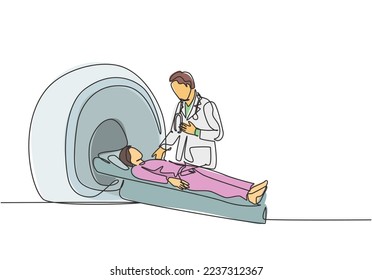 One continuous line drawing of young male doctor do MRI procedure to CT scanning male cancer patient. Medical treatment service concept single line draw design vector illustration